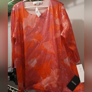 Caroline Rose sequined top with a pink and orange abstract pattern
